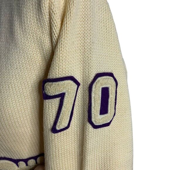 Vintage 70s Cardigan Varsity Sweater S Cream Wool Blend Pockets High School Band - Picture 7 of 12